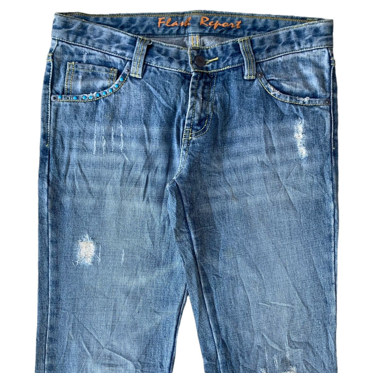 Japanese Brand × Vintage 2000s Japanese Brand FR Studded Gem Distressed Flared Jeans Size US 30 / EU 46 - 2 Thumbnail