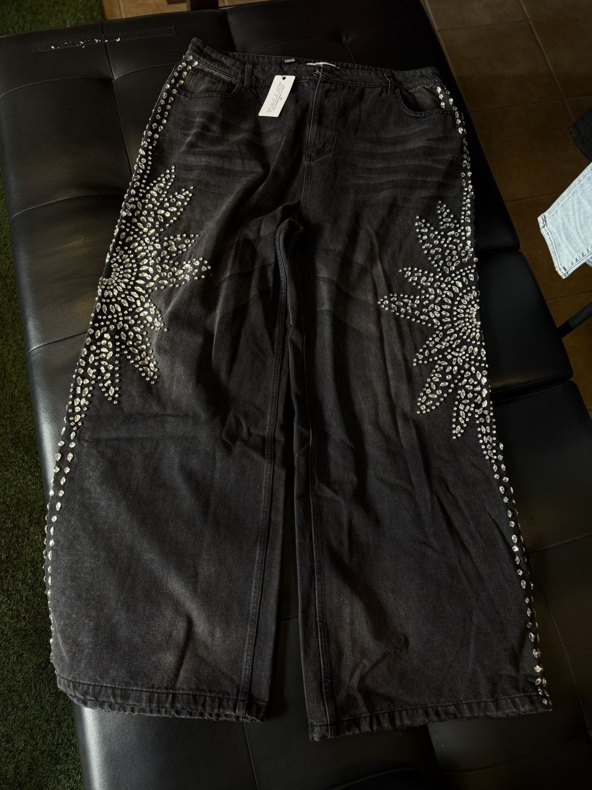 Vale Valley Stone Crystal Rhinestone Baggy Black Jeans Size 38 Size US 38 / EU 54 - 2 Thumbnail