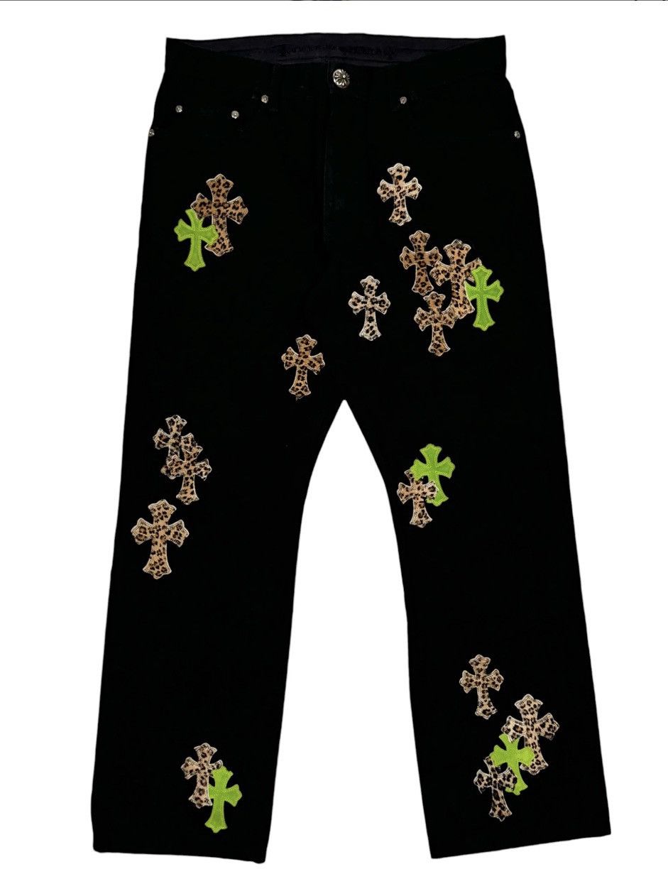 Chrome Hearts leopard & green cross patch denim