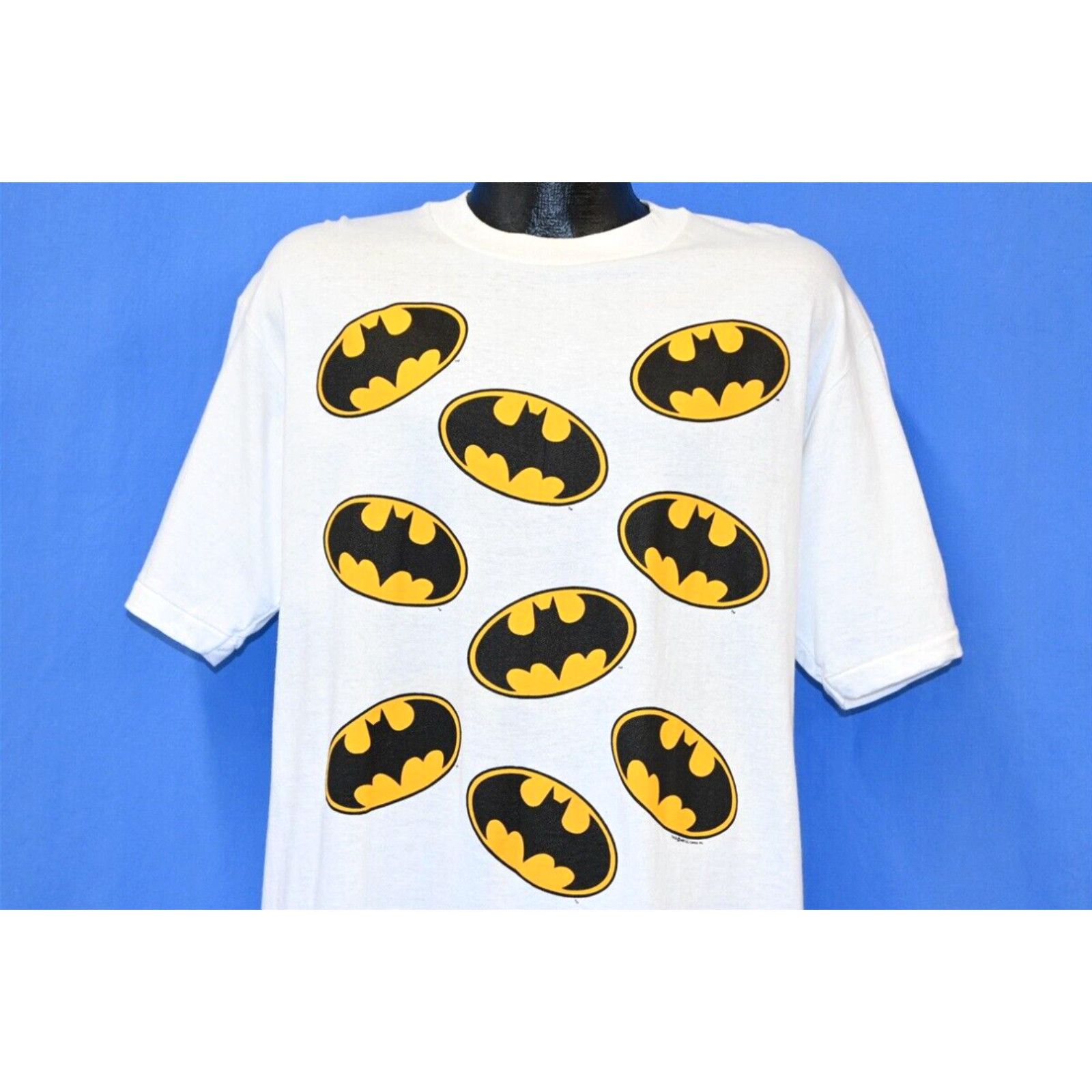 image of Vintage 90's Batman Bat Logo Dc Comics Super Hero 2 Sided White T-Shirt Large L, Men's