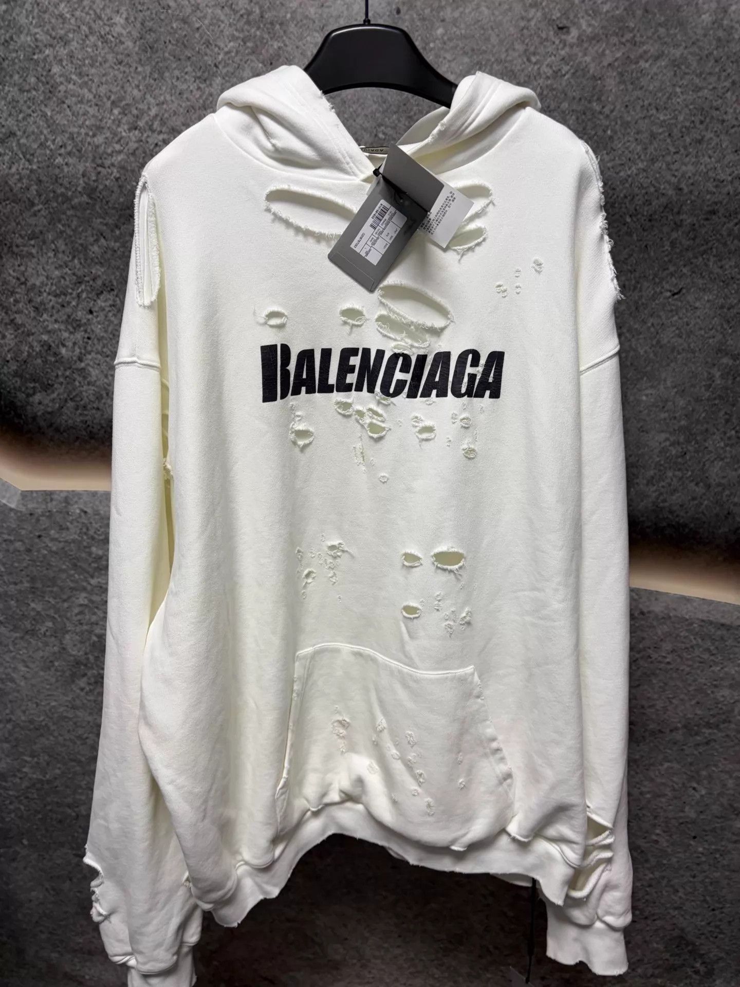 Balenciaga Distressed White Hoodie with Rips and Frayed Edges Size US L / EU 52-54 / 3 - 1 Thumbnail