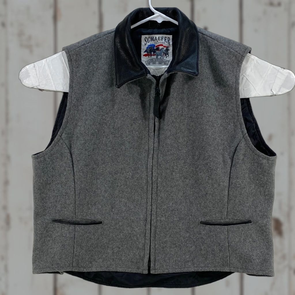Vintage Schaefer Outfitter Western Wool Vest Mens XL Gray Zip Leather Collar Made USA Size US XL / EU 56 / 4 - 1 Thumbnail