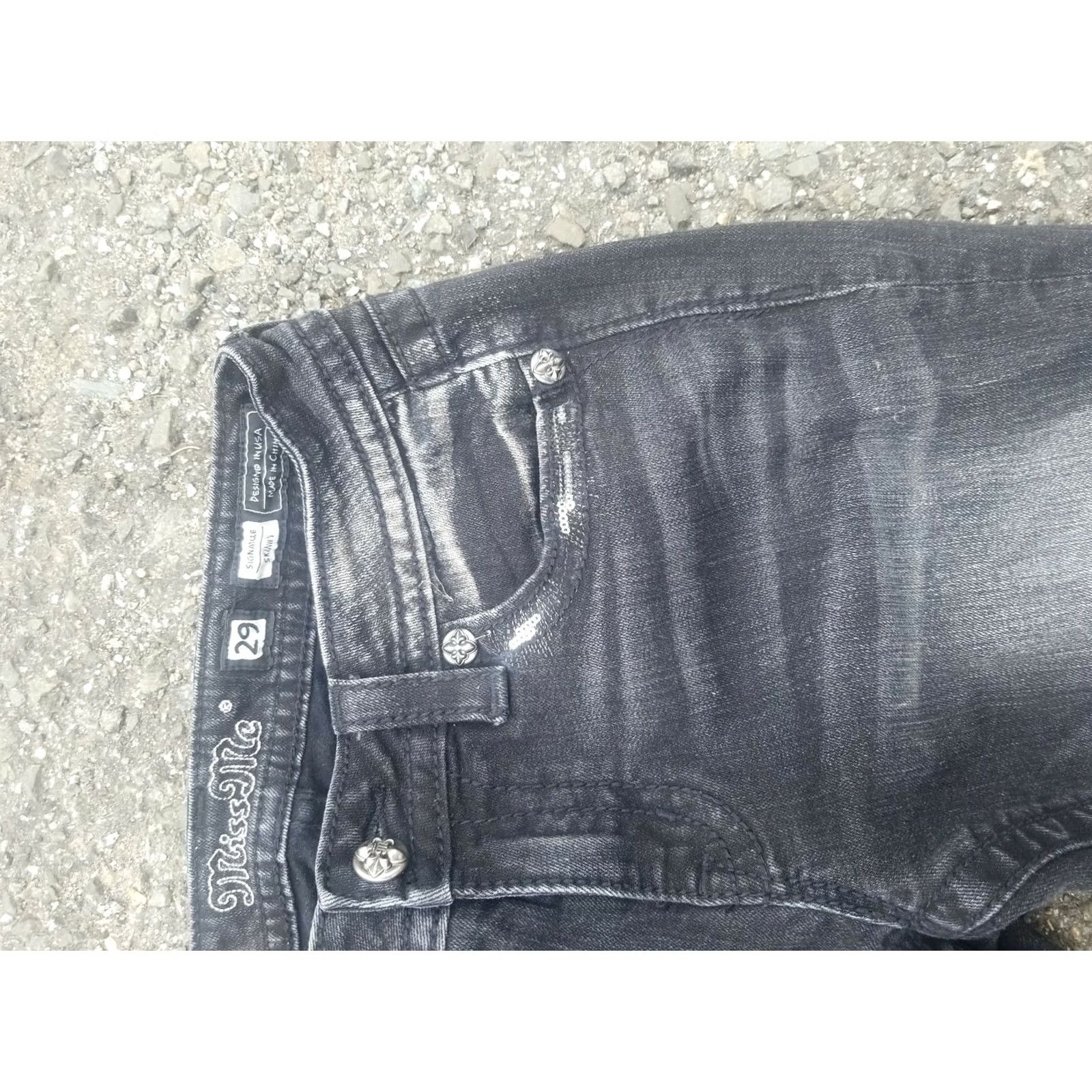 Miss Me Miss Me Signature Skinny Jeans Women's 29 Bling Sequin Black Denim Jeans Slim 5-Pocket Womens Size 29" - 2 Thumbnail