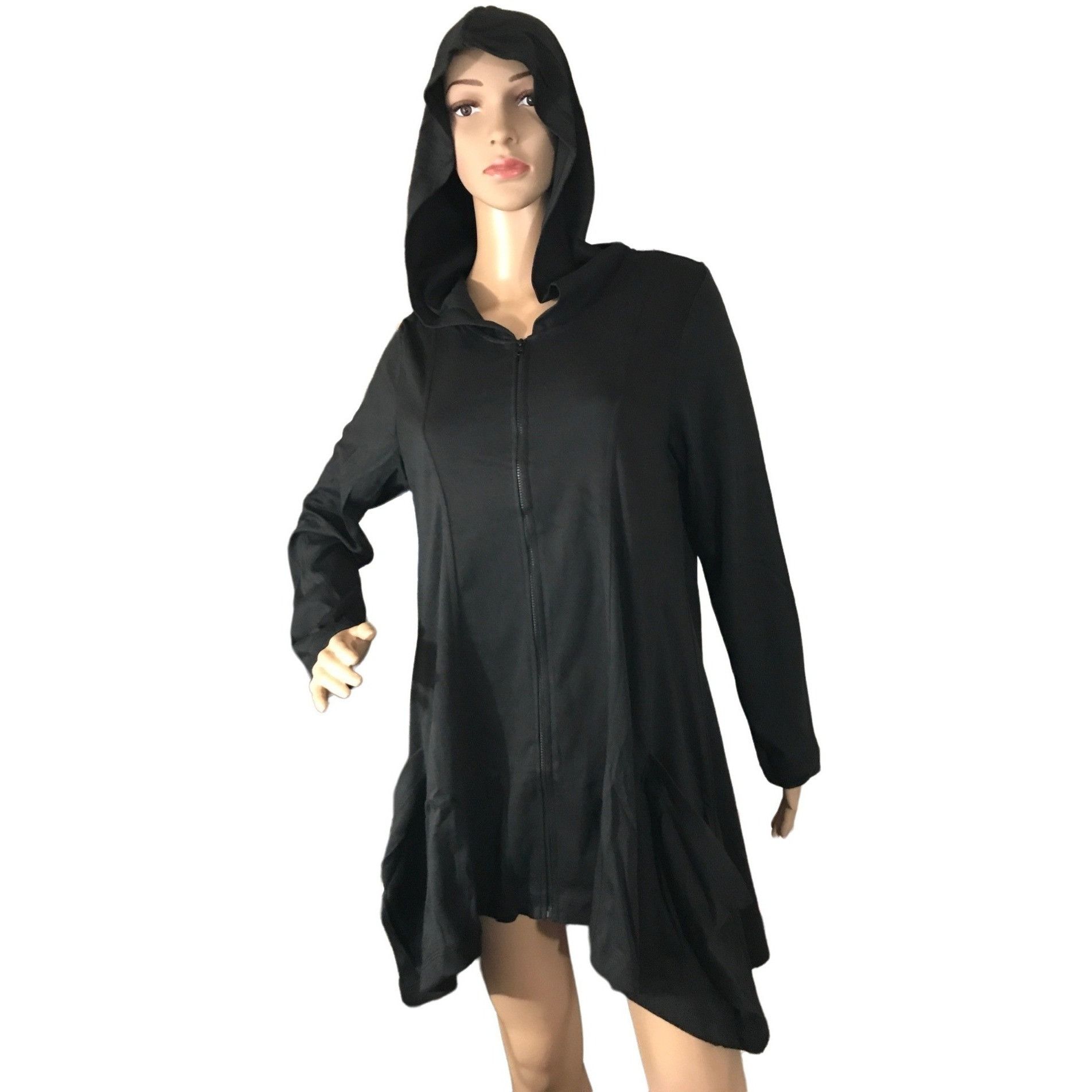 Designer Christine Alexander Large Black Cotton Hooded Long Smock Jac Size L / US 10 / IT 46 - 2 Thumbnail