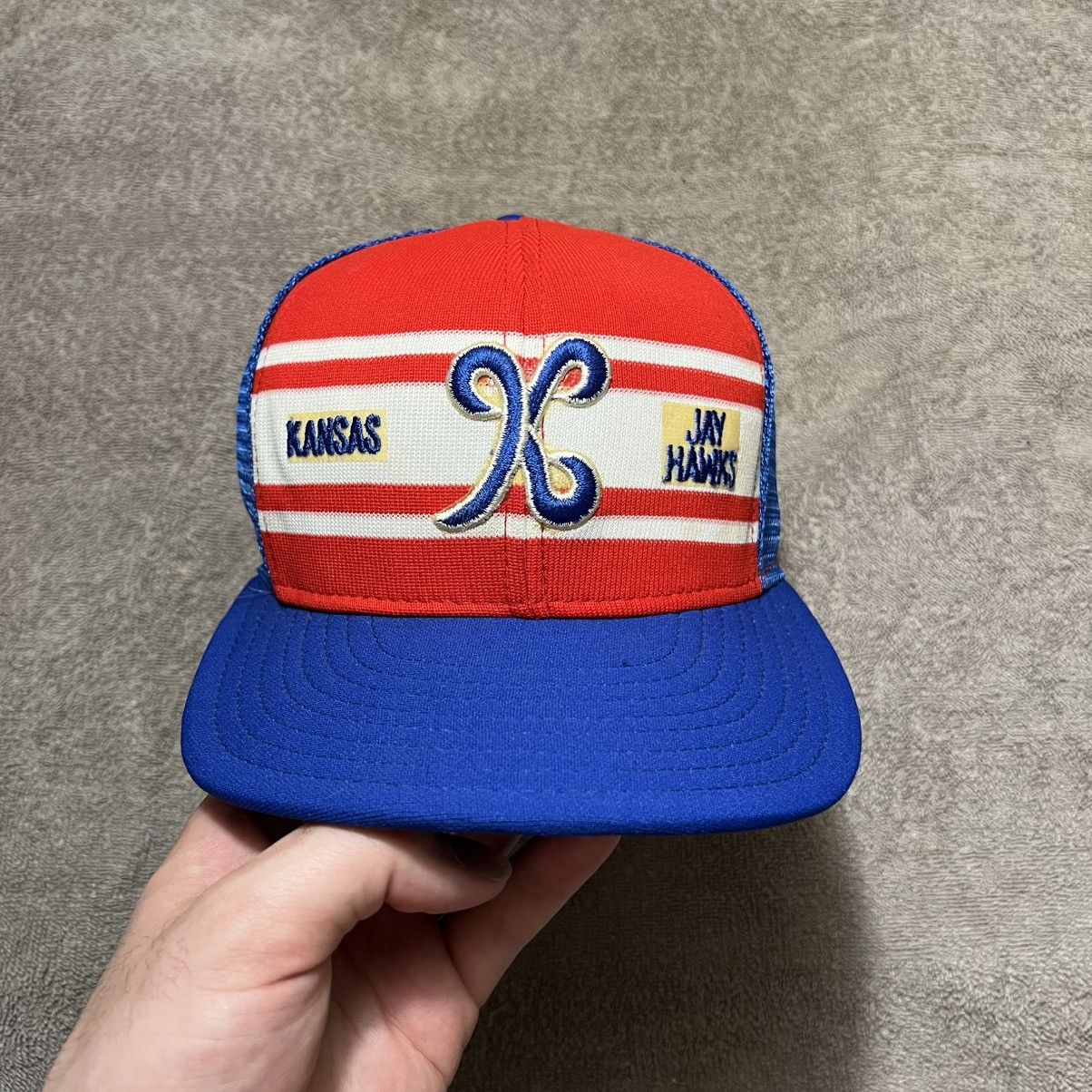 NCAA × Vintage Vintage 80s Kansas Jay Hawks AJD Mesh Trucker Hat SnapBack Size ONE SIZE - 1 Thumbnail