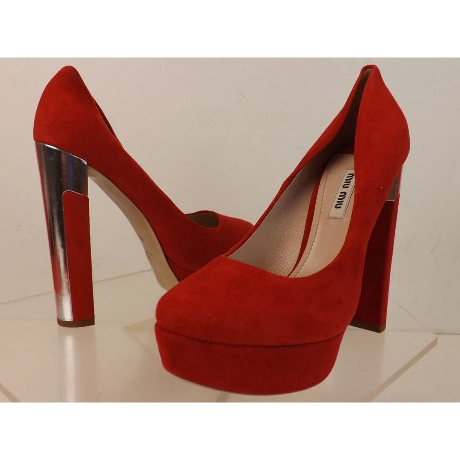 Miu Miu MIU MIU PRADA 5IP334 RED SUEDE SILVER MIRROR HEEL PUMPS 37.5 Size US 7.5 / IT 37.5 - 7 Thumbnail