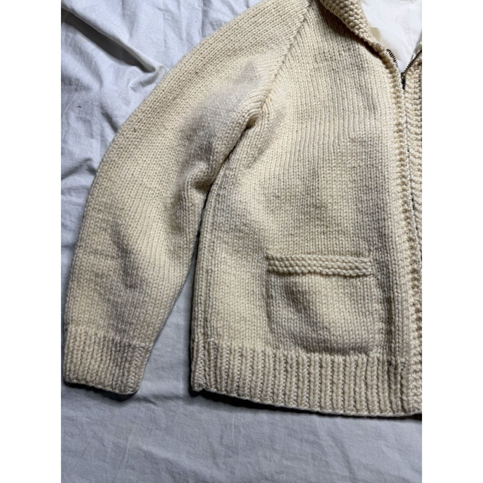 VINTAGE Cowichan Hand Knit Zip up Sweater Fishing Salmon Trout Basket M Beige 1950s Knit Rockabilly Mens