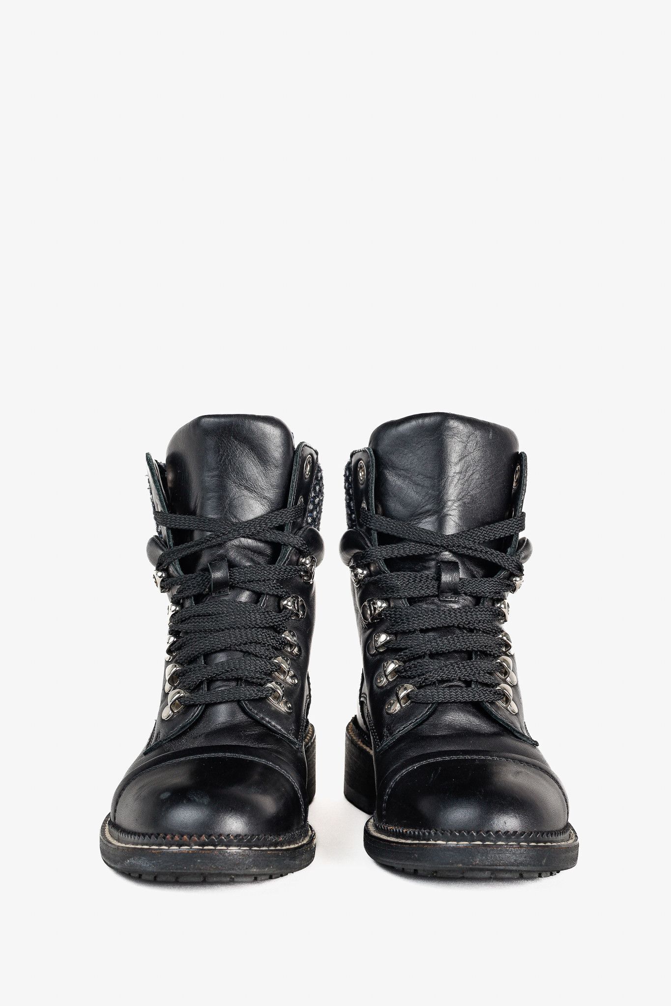 Chanel Chanel 15A Black Leather Tweed-Trim Lace-Up Short Boots Size US 6 / IT 36 - 2 Thumbnail