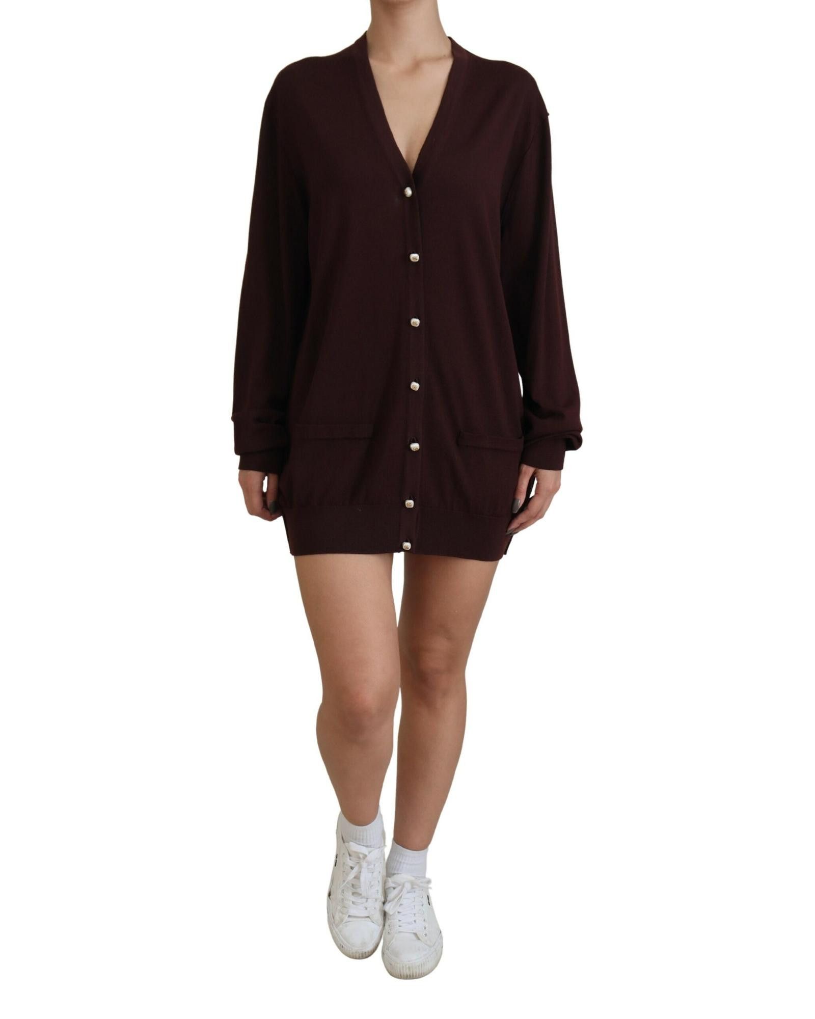 image of Dolce Gabbana Wool Knit V-Neck Cardigan Sweater in Maroon, Women's (Size Small)