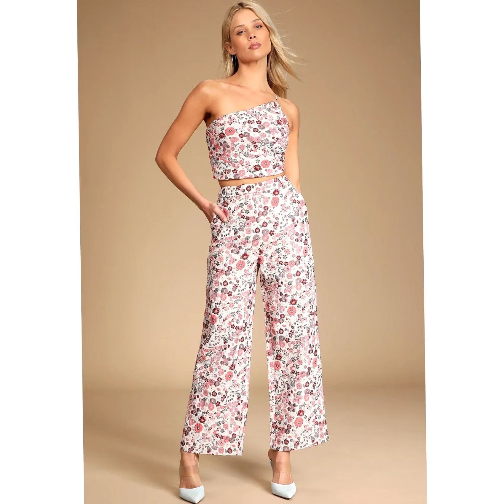 Lulus Lulus Women's Bloom into Spring Blush Floral Jacquard Wide-Leg Pants XL Red Floral Wide-Leg Pants Women XL Size 40" / US 18 - 2 Thumbnail