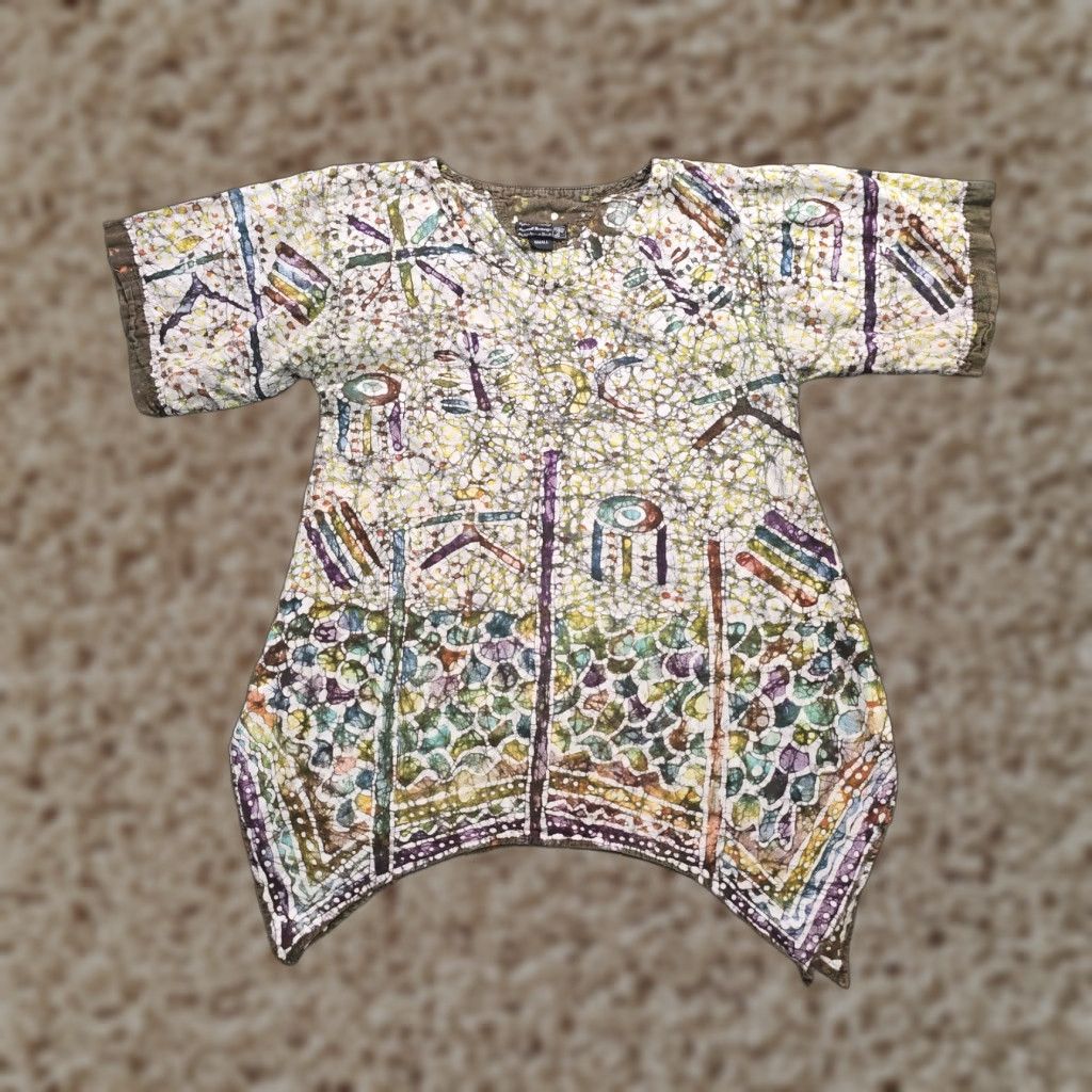 ESPIRIT Spirit Of Courage NNamdi Top Women Size Small Brown Tunic Colorful Batik African Blouse Short Sleeve V-Neck Pullover Casual Summer Spring Cotton Woven Size S / US 4 / IT 40 - 1 Thumbnail