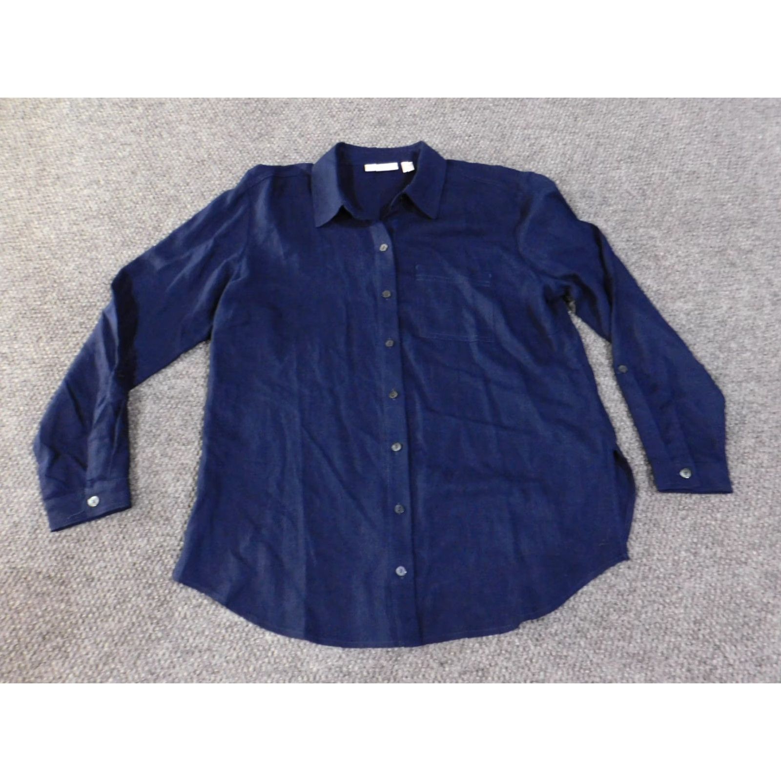 Vintage Susan Graver Shirt Womens Petite Small Navy Blue Linen Blend Button Front Casual Size S / US 4 / IT 40 - 3 Thumbnail