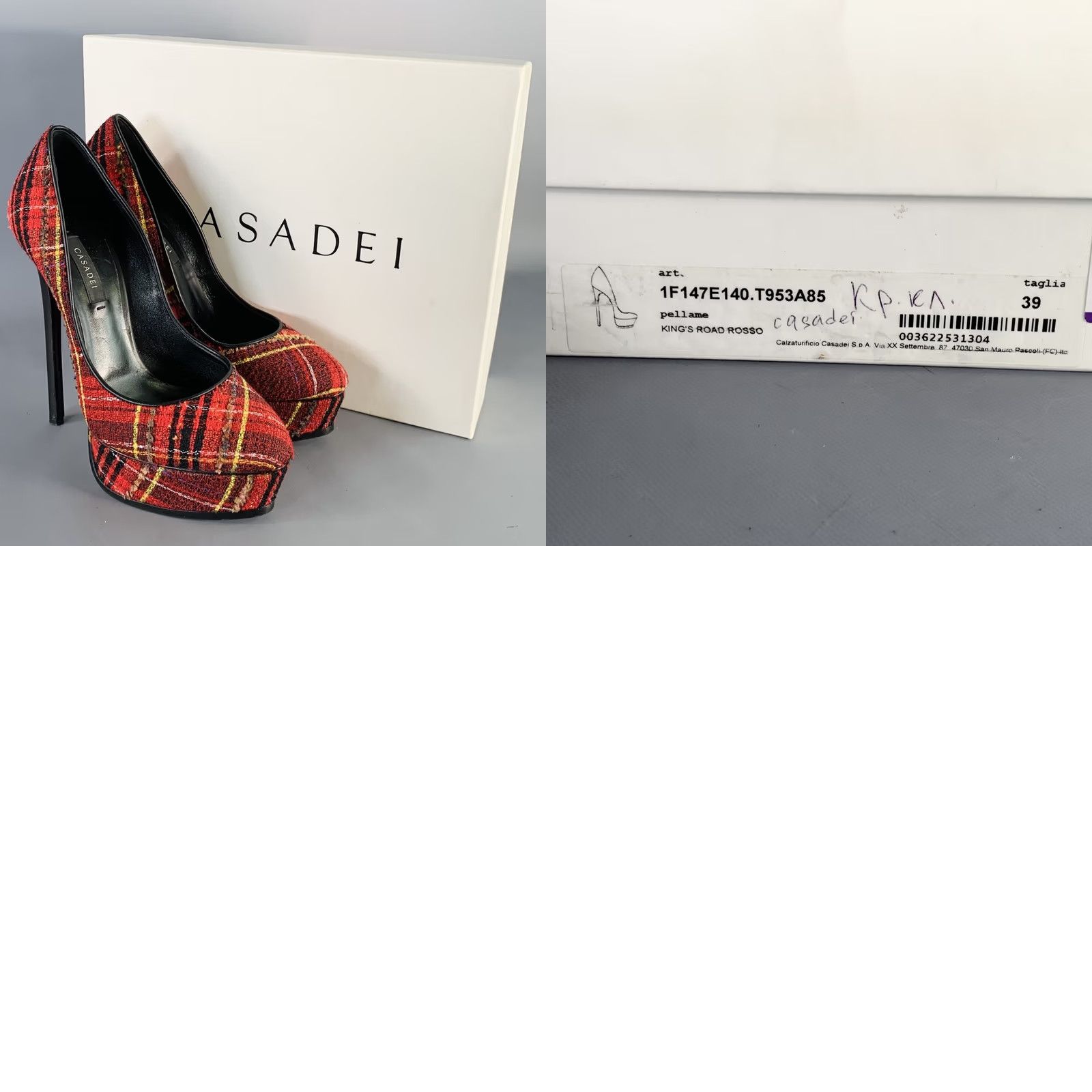 Casadei CASADEI Platform Pumps Size 9 Red Black Yellow Tweed Plaid Leather Trim Size US 9 / IT 39 - 8 Thumbnail