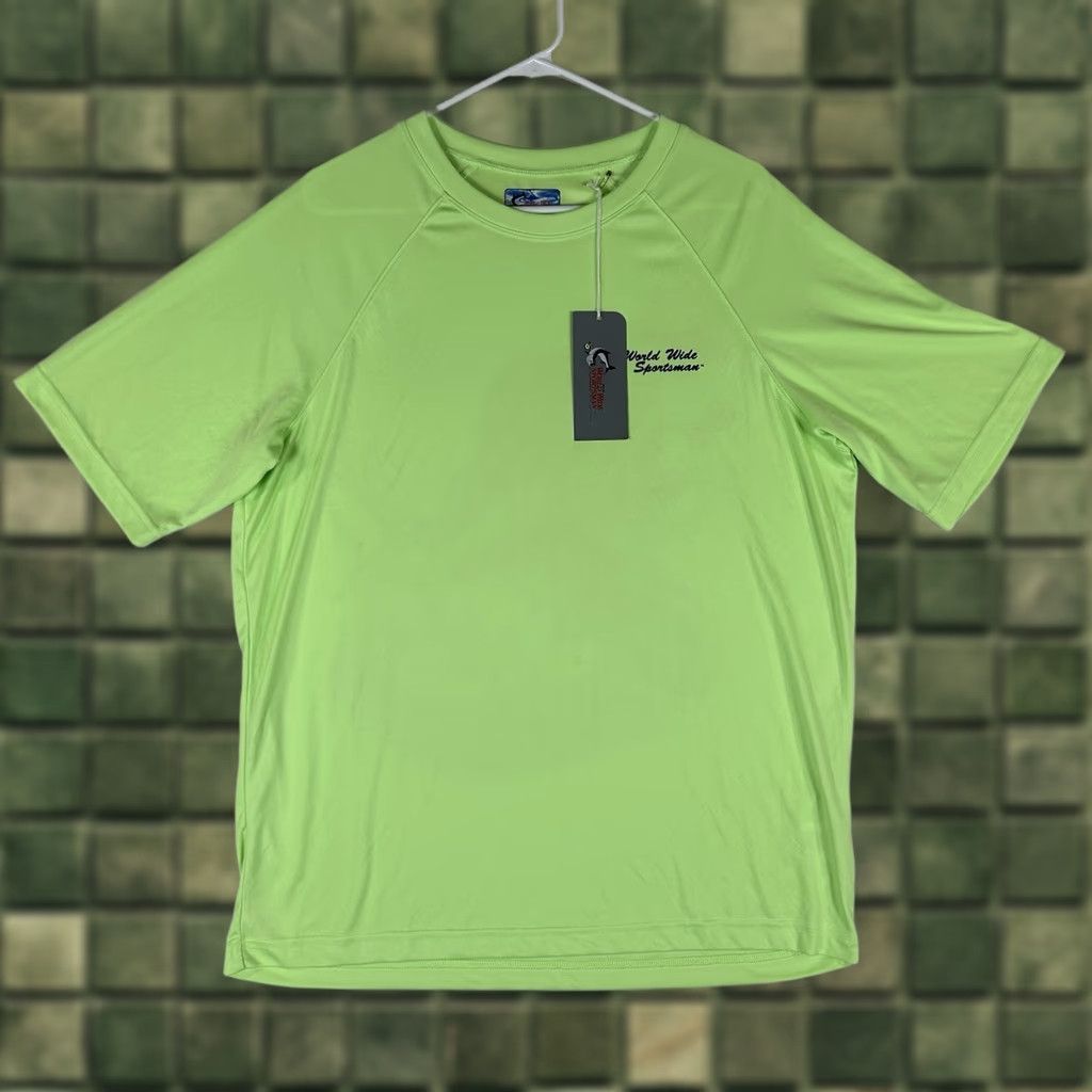 Vintage World Wide Sportsman Shirt Mens L Neon Yellow Fish Logo Short Sleeve Crew Neck Sportsman T-Shirt Size US L / EU 52-54 / 3 - 1 Thumbnail
