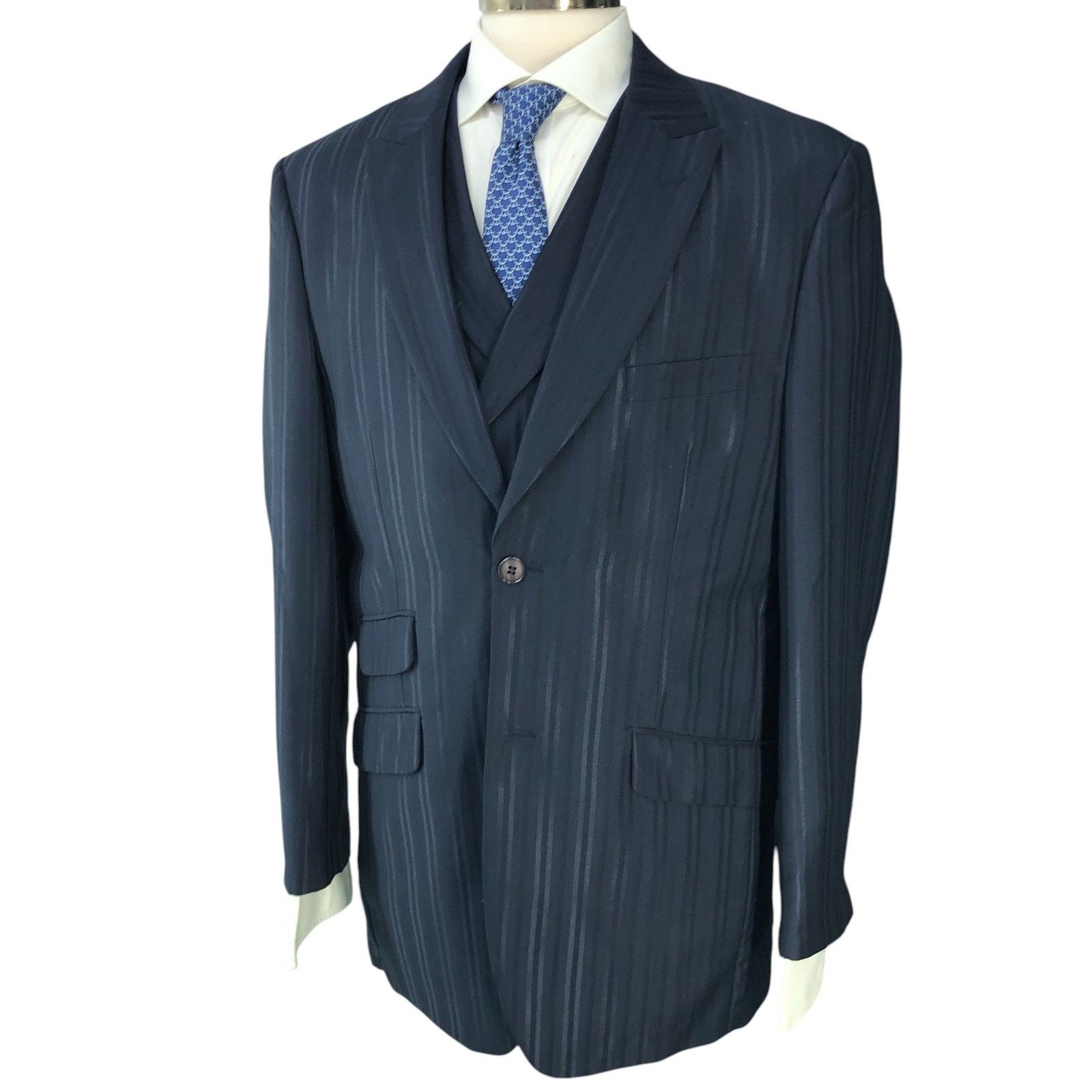 Stacy Adams Stacy Adams Size 40R Suit Three 3 Piece Drop 4 Blue Striped Size 40R - 2 Thumbnail