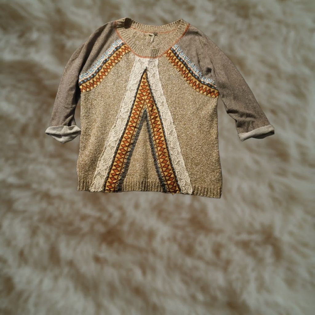 Vintage BKE Women's Sweater M 3/4 Sleeve Crochet Fringe Geometric Knit Beige Preppy Pullover Modern CasualMens Size M / US 6-8 / IT 42-44 - 1 Thumbnail