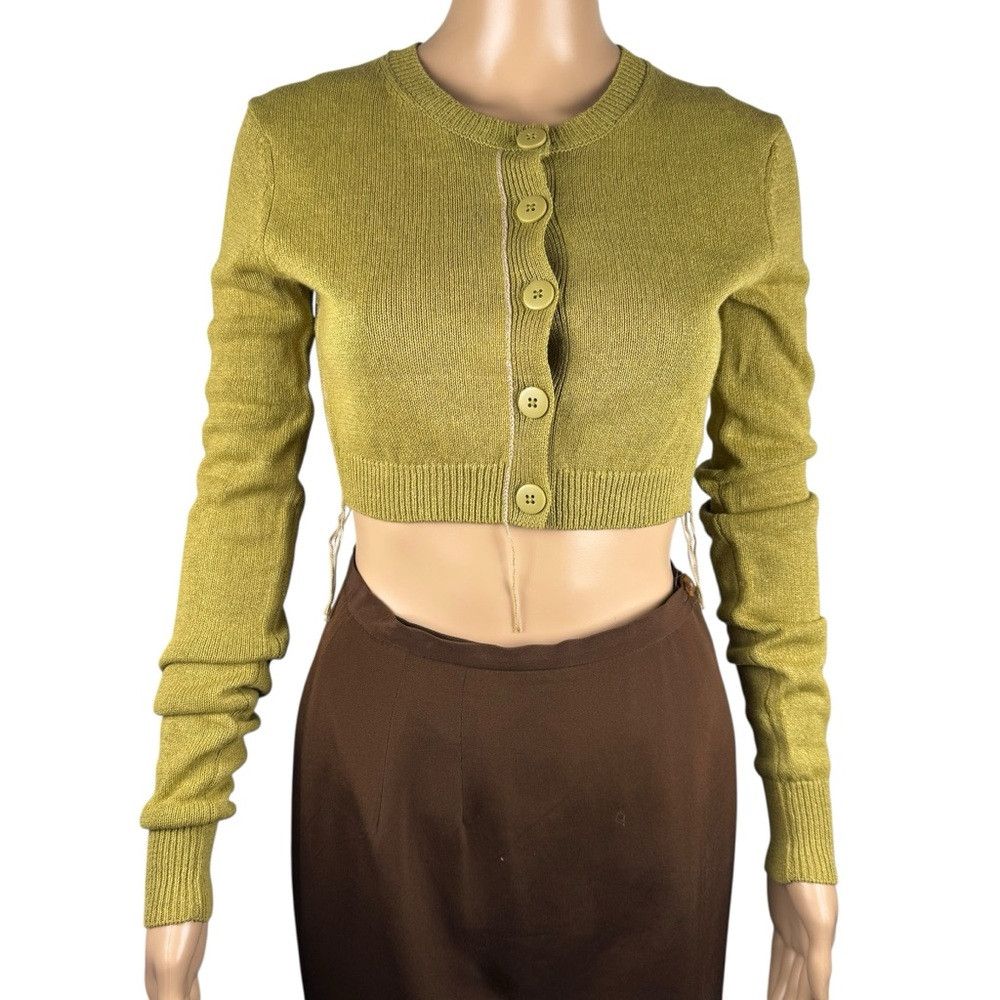 Zara New Zara Cotton Cropped Knit Olive Cardigan Size XS Size XS / US 0-2 / IT 36-38 - 2 Thumbnail