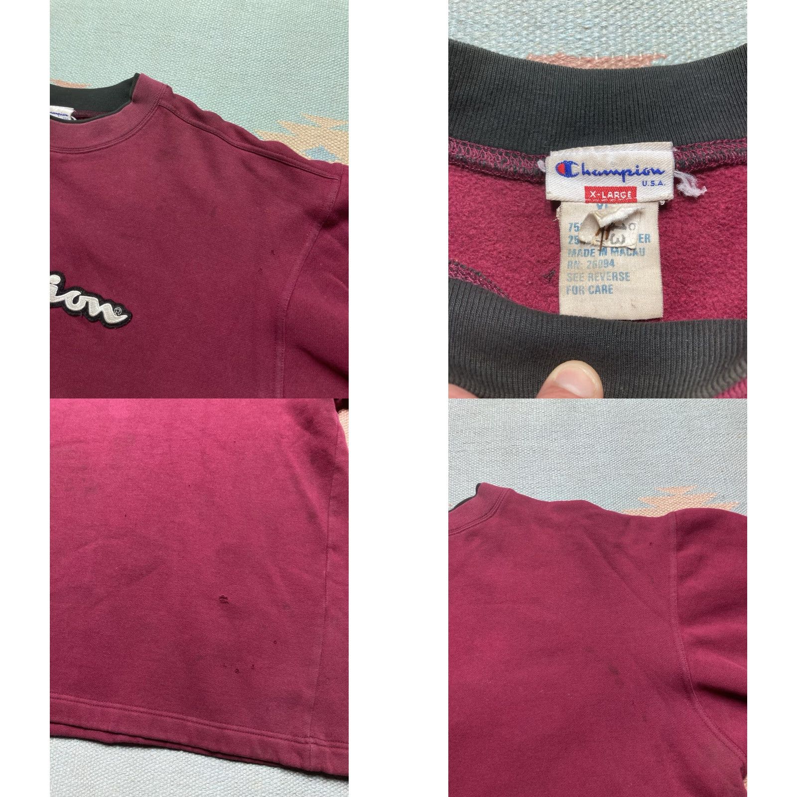 Champion VINTAGE Champion Embroidered Patch Logo Sweatshirt Crewneck Maroon Red XL Mens Adult Sweatshirt Pullover Distressed Size US XL / EU 56 / 4 - 9 Thumbnail