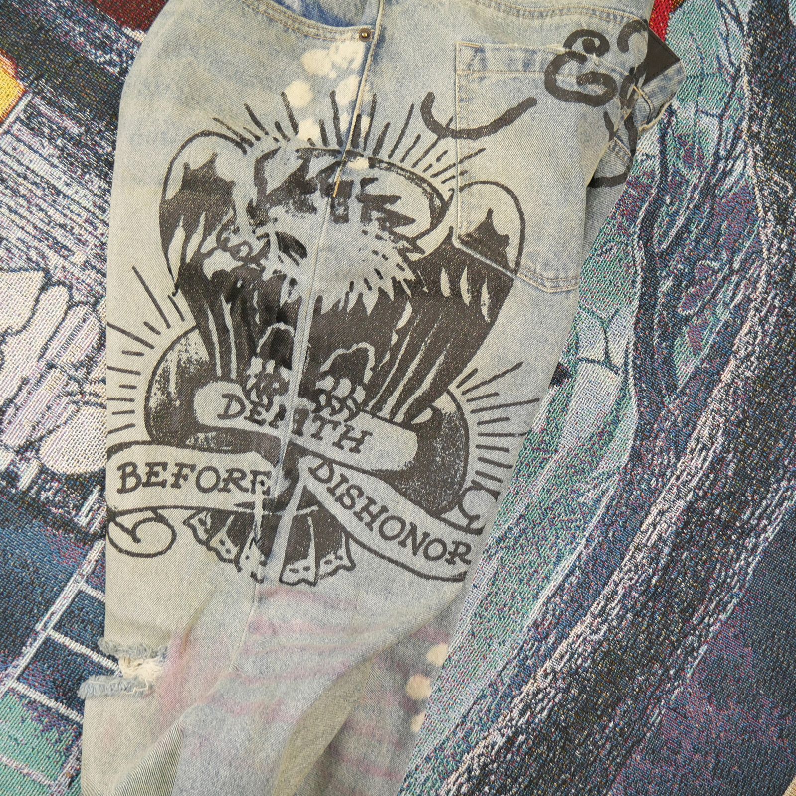 image of Ed Hardy Eagle Slim Taper Jean Before Dishonor Distressed in Denim, Men's (Size 34)