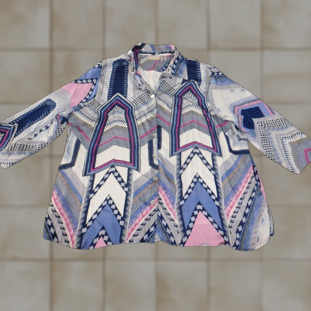 Vintage **Alfred Dunner Women's Blue Geometric Long Sleeve Lined Button-Up Top** User: Alfred Dunner Women's Blue Geometric Long Sleeve Lined Button-Up Top Size 4XL / US 24-26 - 1 Thumbnail