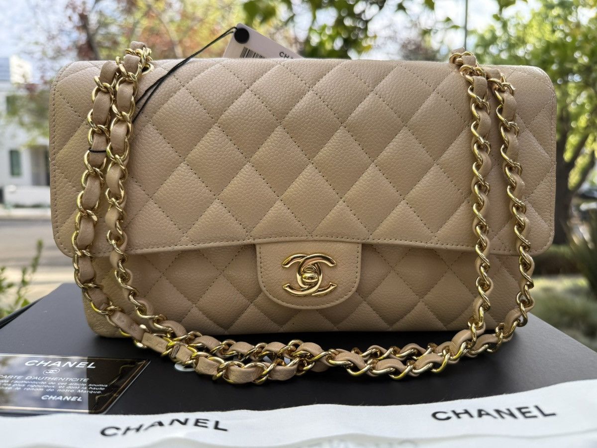 Chanel CC CLASSIC MEDIUM DOUBLE FLAP CAVIAR BEIGE GHW, 100% AUTH Size ONE SIZE - 10 Thumbnail