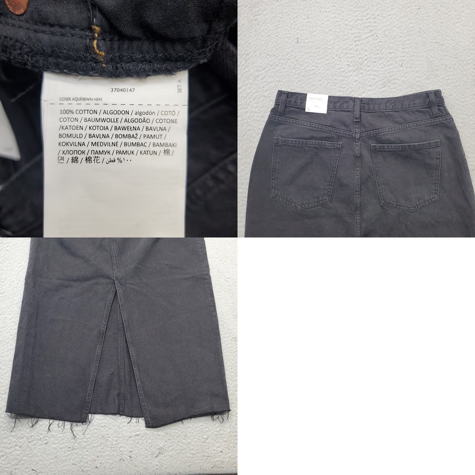 Vintage MNG Womens Skirt L Midi Black Denim Vented Front Raw Hem High Waist Pockets Zipper Button A-Line Basics Size 36" / US 14 / IT 50 - 8 Thumbnail
