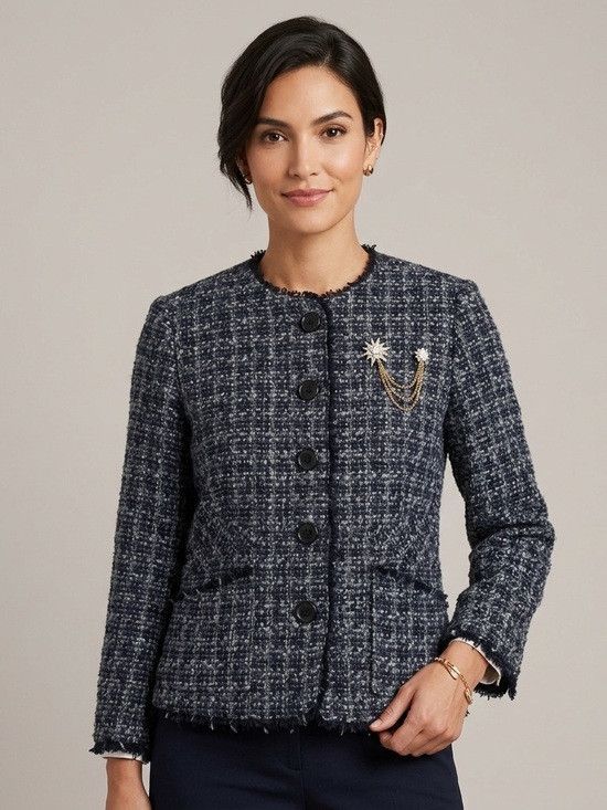 Vintage Navy Blue Gray Tweed Cropped Wool Blend Lady Blazer 🇨🇦 Size S / US 4 / IT 40 - 1 Thumbnail