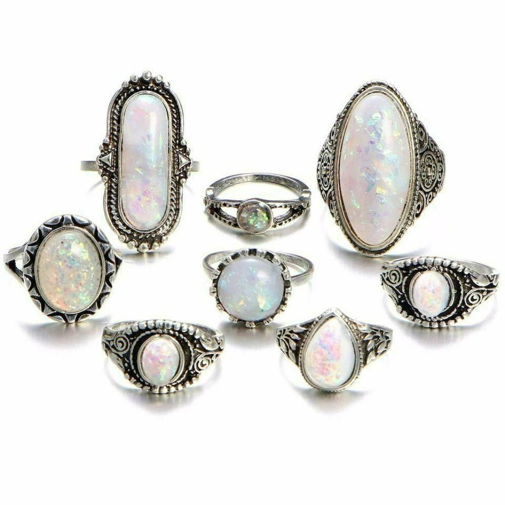 Designer 8pcs Vintage White Opal Antique Silver Ring Set Size ONE SIZE - 8 Thumbnail