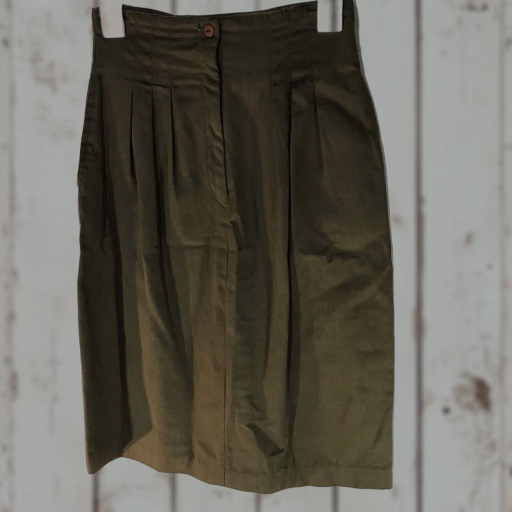 Olive VINTAGE Clockwork Women's Midi Skirt Pleated High Waist Cotton Olive 80s City Preppy Fall Spring Summer Size 28" / US 6 / IT 42 - 1 Thumbnail