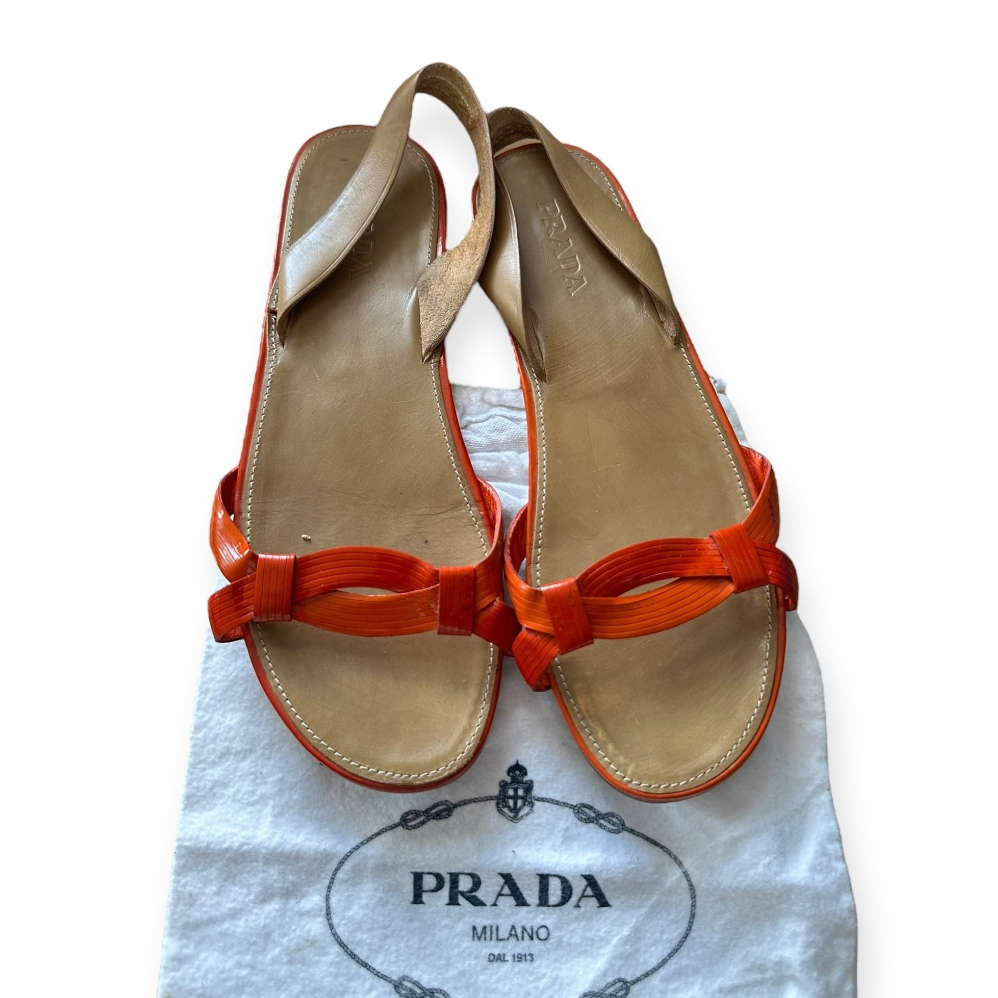 Prada Prada Flat Sling Back Sandal, Orange Patent, Size 38.5 EU Size US 8.5 / IT 38.5 - 2 Thumbnail