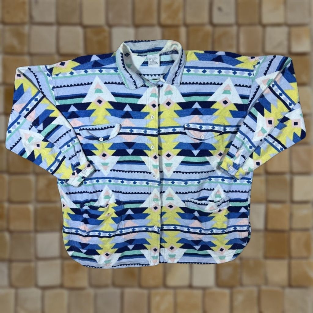 Vintage VINTAGE Crazy Aztec Patterned Towelling Effect Long Sleeve Flannel Shirt L Blue Mix/Yellow/White/Pale Pink Womens/Mens Size US L / EU 52-54 / 3 - 1 Thumbnail