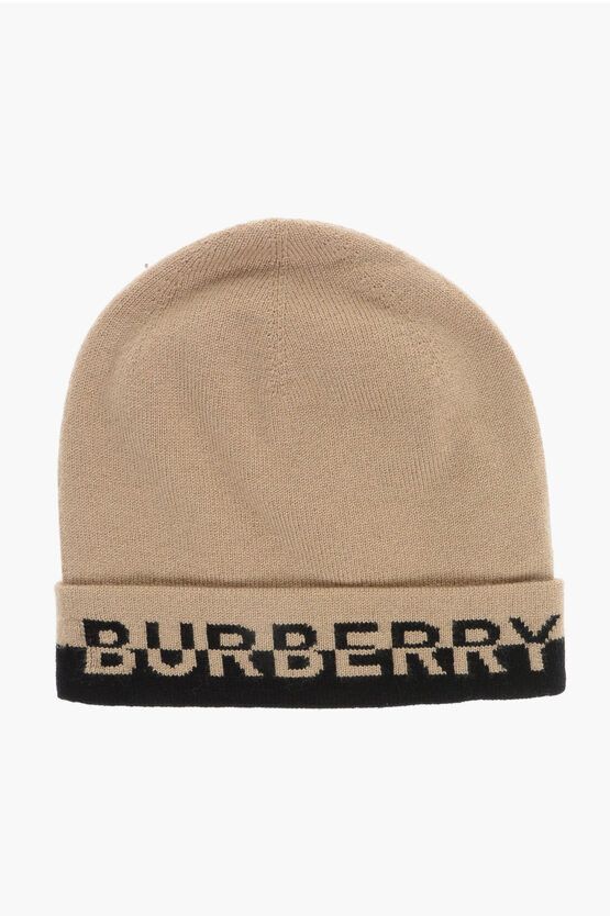image of Burberry Cashmere Beanie With Two-Tone Logo in Beige, Women's