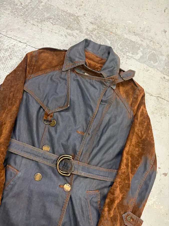 Vintage 2000s Plein Sud Brown Suede Waxed Denim Two-Tone Trench Coat Size M / US 6-8 / IT 42-44 - 4 Thumbnail