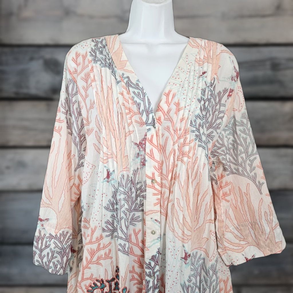 Soft Surroundings Button-Up Tunic XL Pink Cotton Womens 3/4 Sleeve Vintage? No