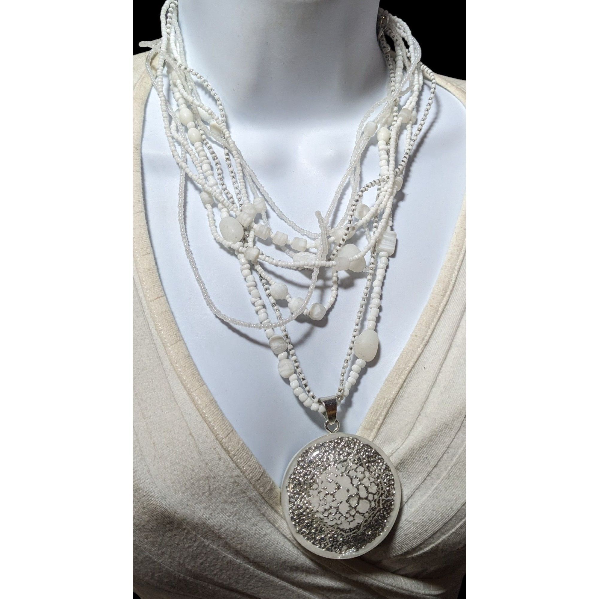 Chicos Chico's Nautilus White And Silver Chunky Multilayer Pendant Size ONE SIZE - 6 Thumbnail