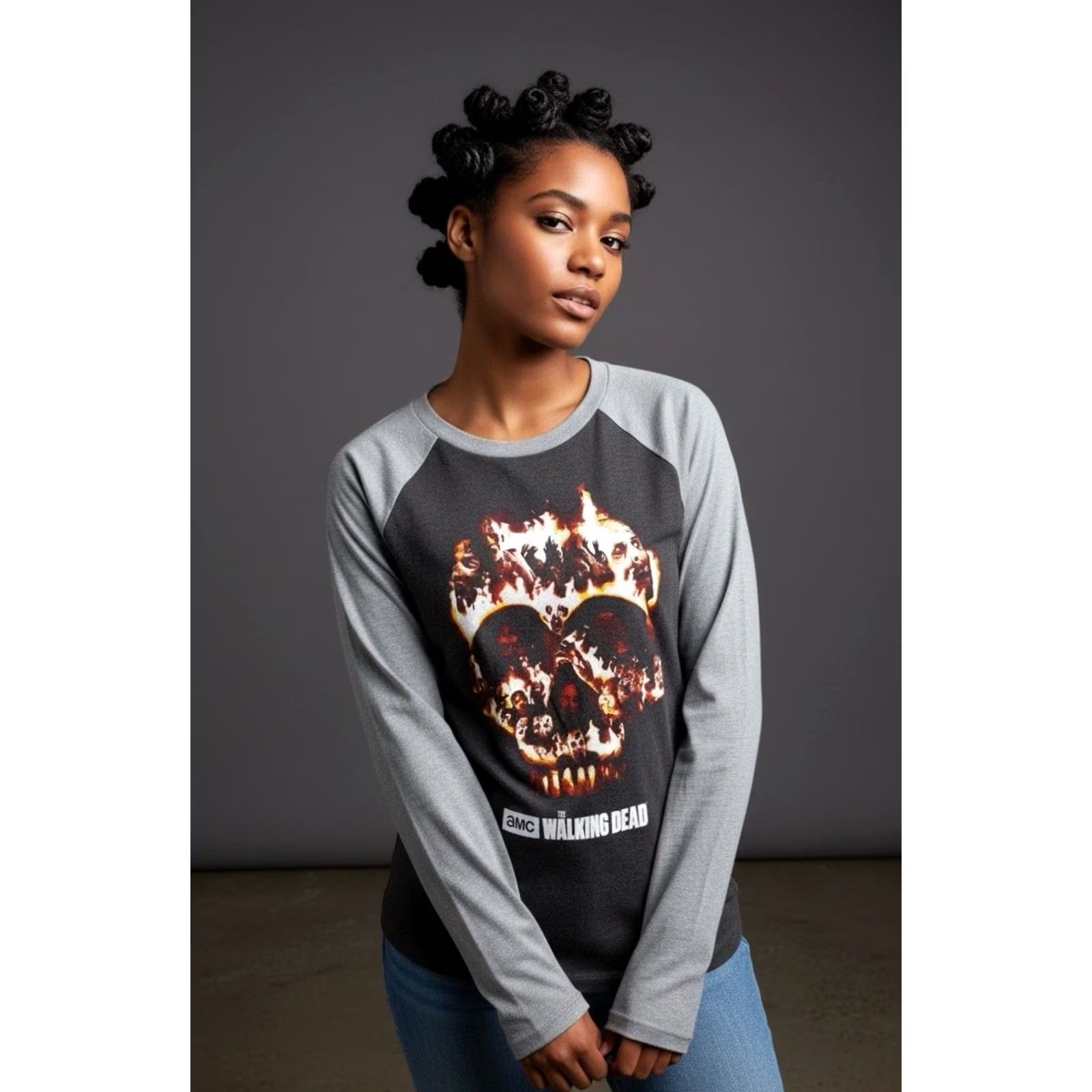 OAMC AMC Women Gray The Walking Dead Skull Graphic Raglan Long Sleeve T-Shirt S Size S / US 4 / IT 40 - 2 Thumbnail