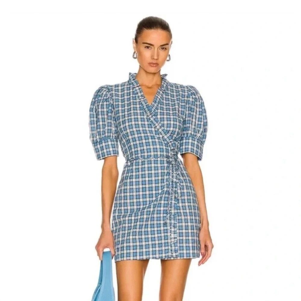 Ganni Ganni Seersucker Check Wrap Mini Dress Azure Blue XS NWT Size XS / US 0-2 / IT 36-38 - 3 Thumbnail