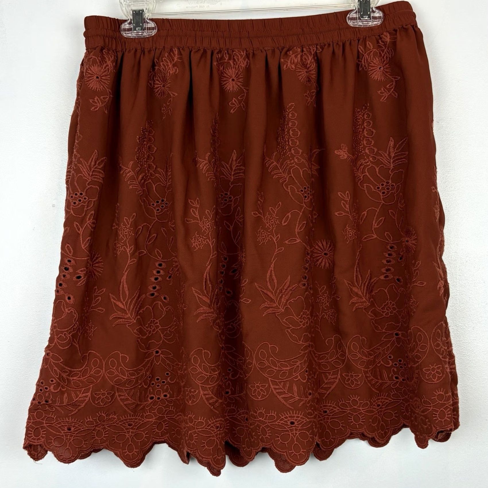 Loft LOFT Embroidered Mini Skirt Womens M Orange Elastic Waist Scalloped Hem Short Bohemian Flower Retro Pattern Size 32" / US 10 / IT 46 - 2 Thumbnail