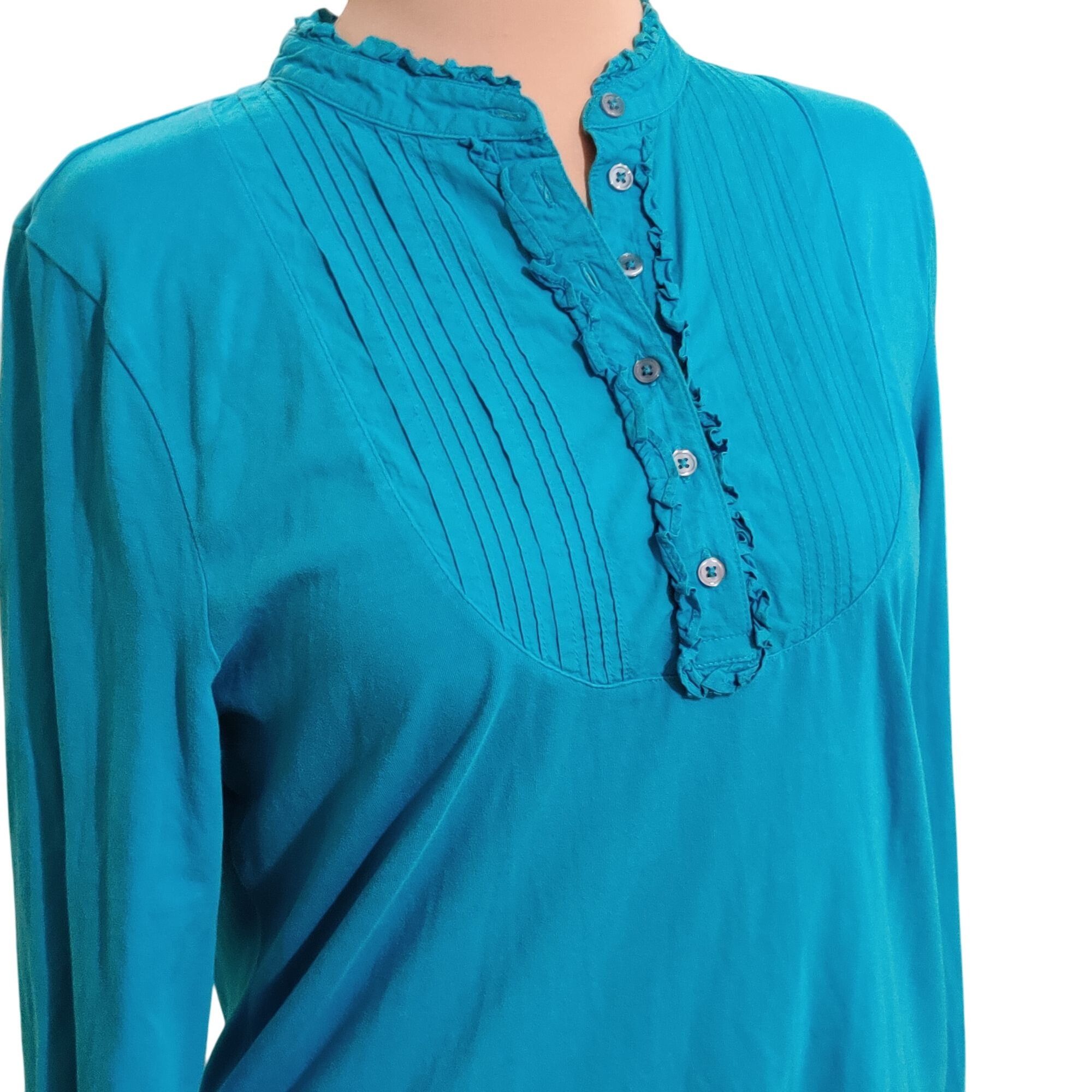 Charter Club Charter Club XL Teal Ruffle Front Pintuck Blouse Long Sleeve Size XL / US 12-14 / IT 48-50 - 3 Thumbnail