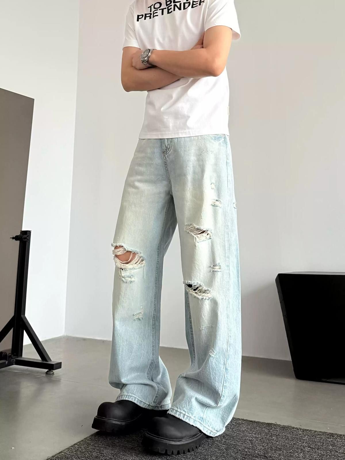 Jean Light Blue Distressed Wide Leg Jeans, Ripped Loose Fit Size US 28 / EU 44 - 2 Thumbnail