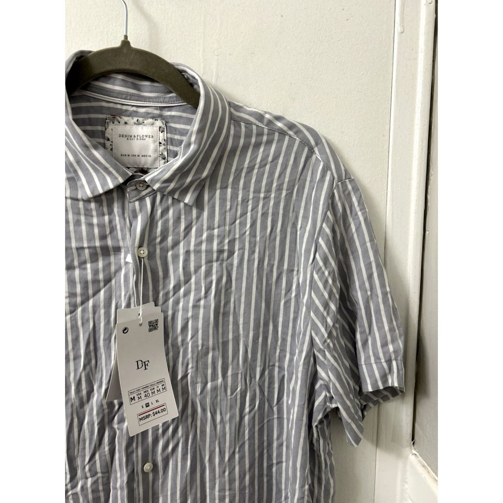 Denime Denim & Flower Ricky Singh Shirt Mens M Grey White Striped Viscose S/S NWT Size US M / EU 48-50 / 2 - 6 Thumbnail