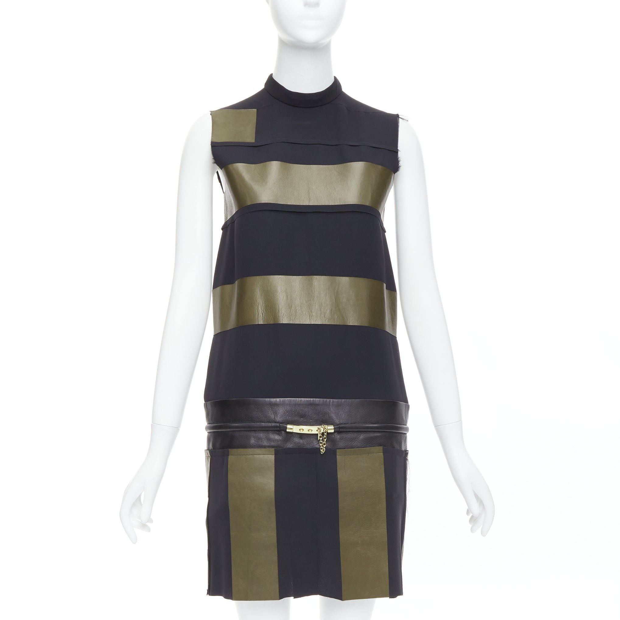 Celine OLD CELINE Phoebe Philo khaki black leather silk stripe dress FR36 S Size S / US 4 / IT 40 - 1 Thumbnail