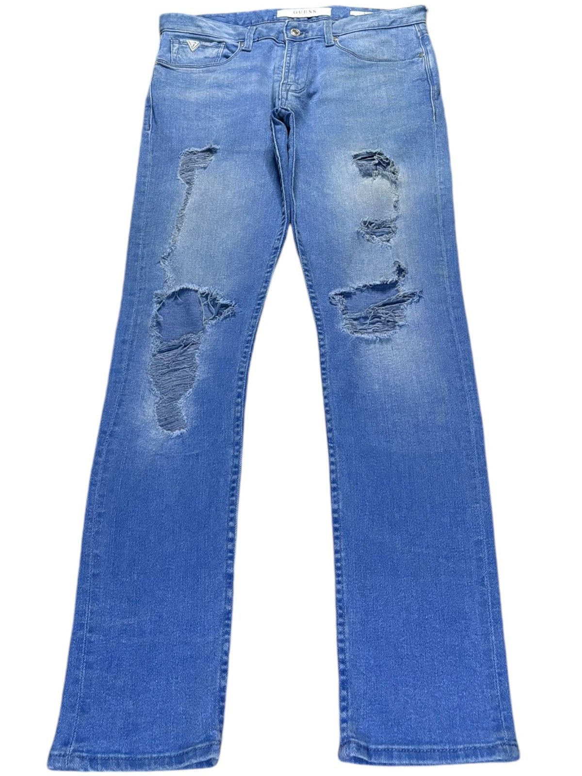 Guess × Vintage Vintage Guess Blue Wash Distressed Ripped Slim Tapered Jeans Size US 33 - 1 Thumbnail