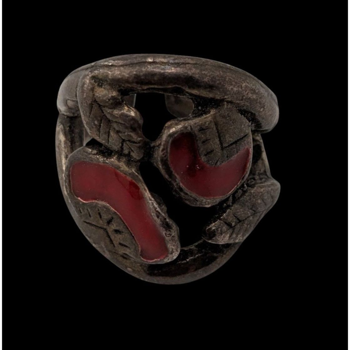 Other Vintage Artisan Brutalist Floral Silver Tone Ring With Red E Size ONE SIZE - 2 Thumbnail