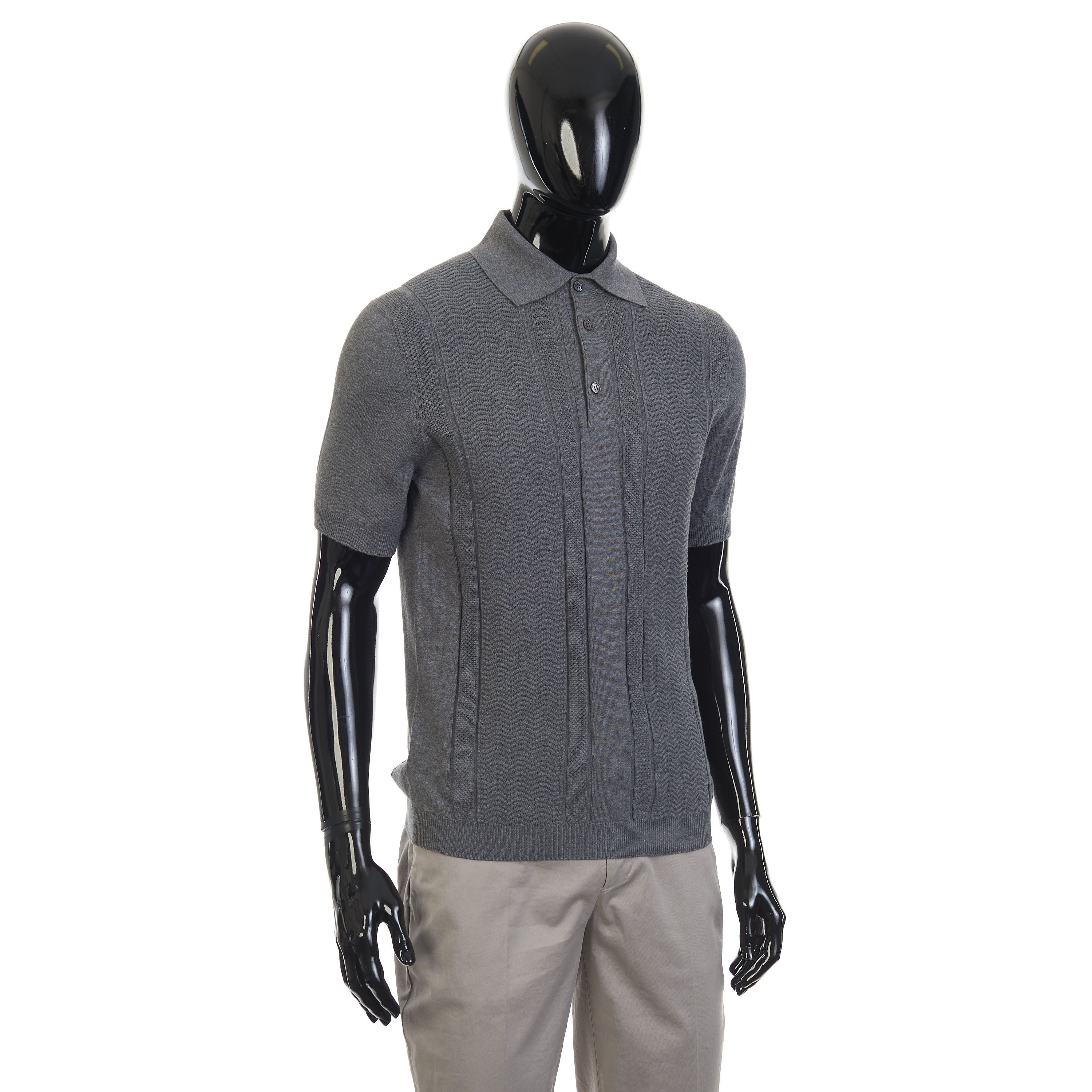 Brunello Cucinelli Gray Cotton Knit Polo With Jacquard Stripes Size US L / EU 52-54 / 3 - 8 Thumbnail