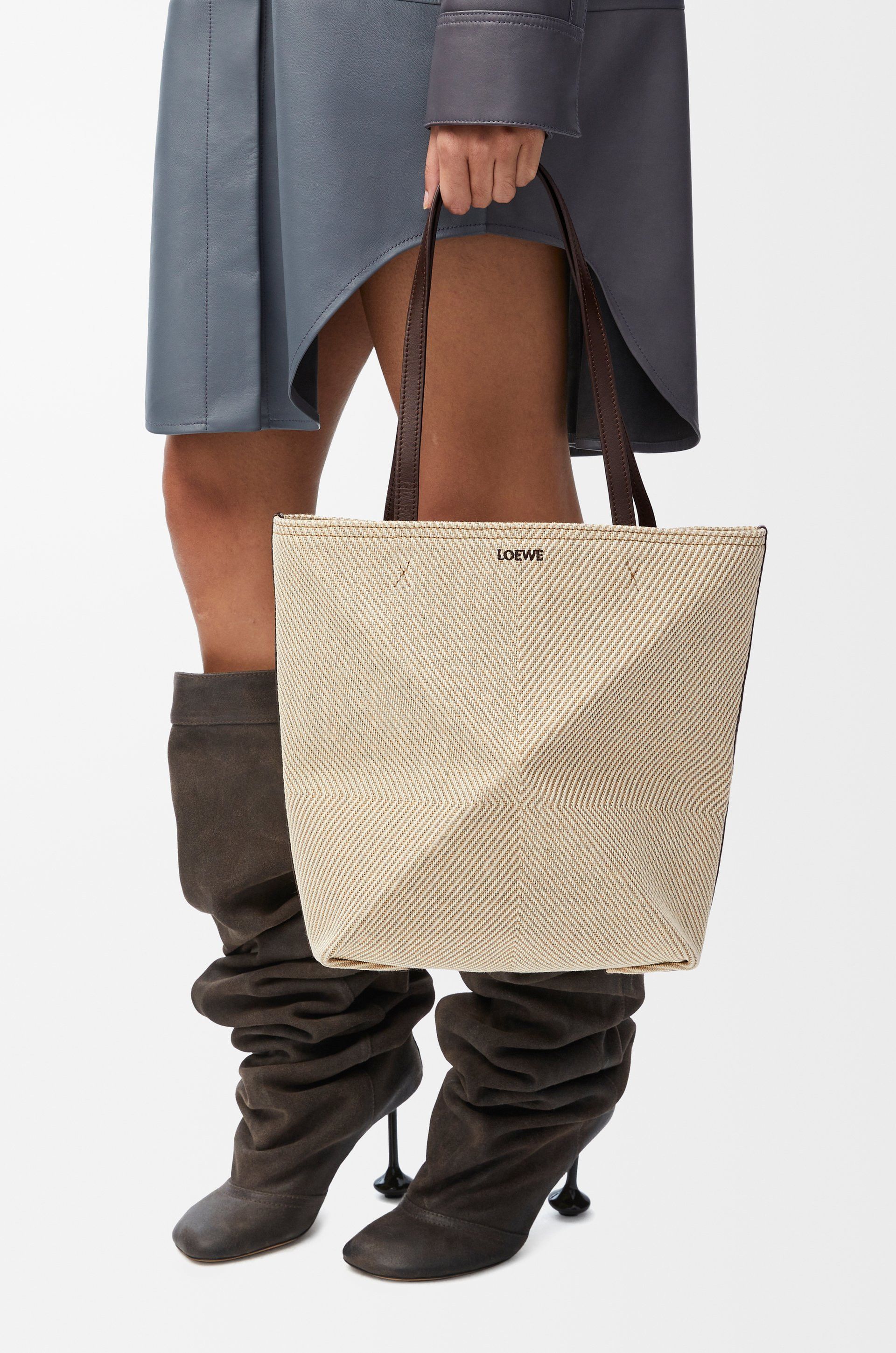 LOEWE Puzzle Fold beige cotton jacquard canvas tote bag