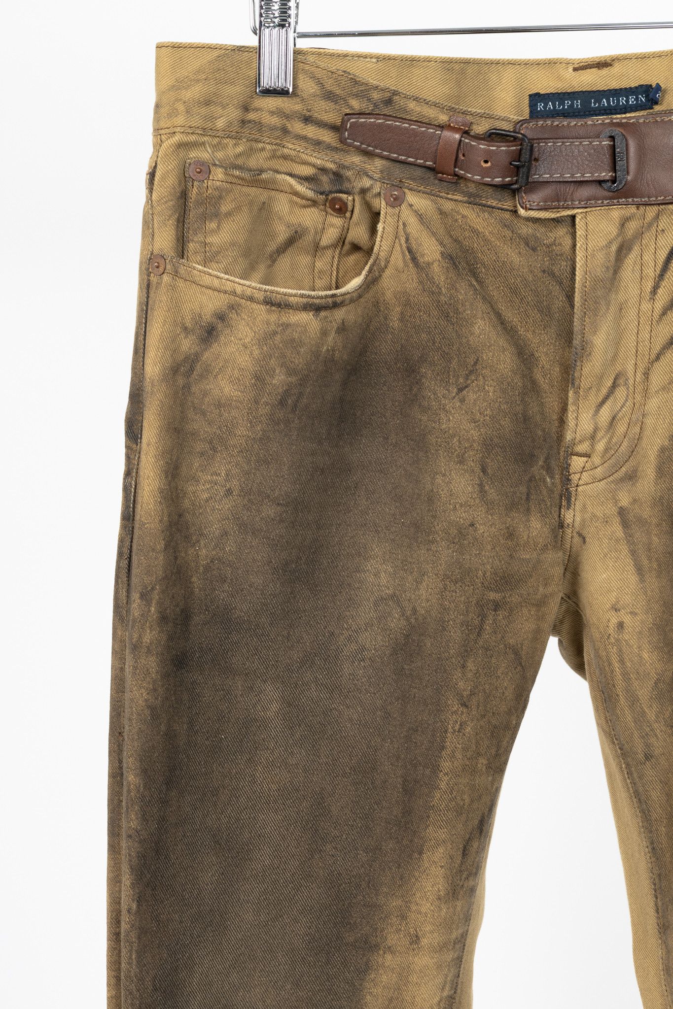 Ralph Lauren Ralph Lauren Tan Distressed Cotton Leather-Trim Jeans Size 29" - 5 Thumbnail
