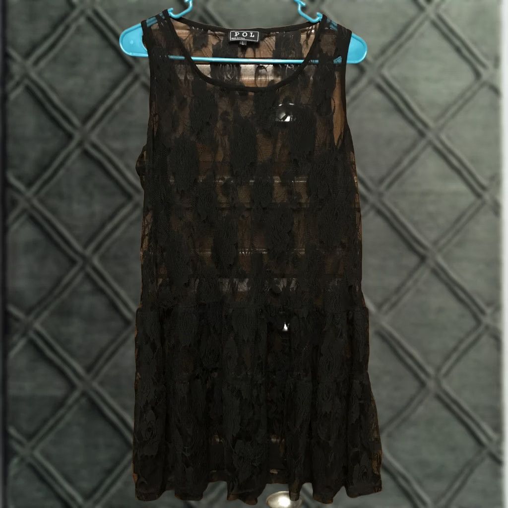 Vintage POL Lace Tank Dress Mini Black Floral L Sleeveless, Round Neck, Pullover, Ruffle, Short Dress, Women, Regular, POL Brand Size L / US 10 / IT 46 - 1 Thumbnail