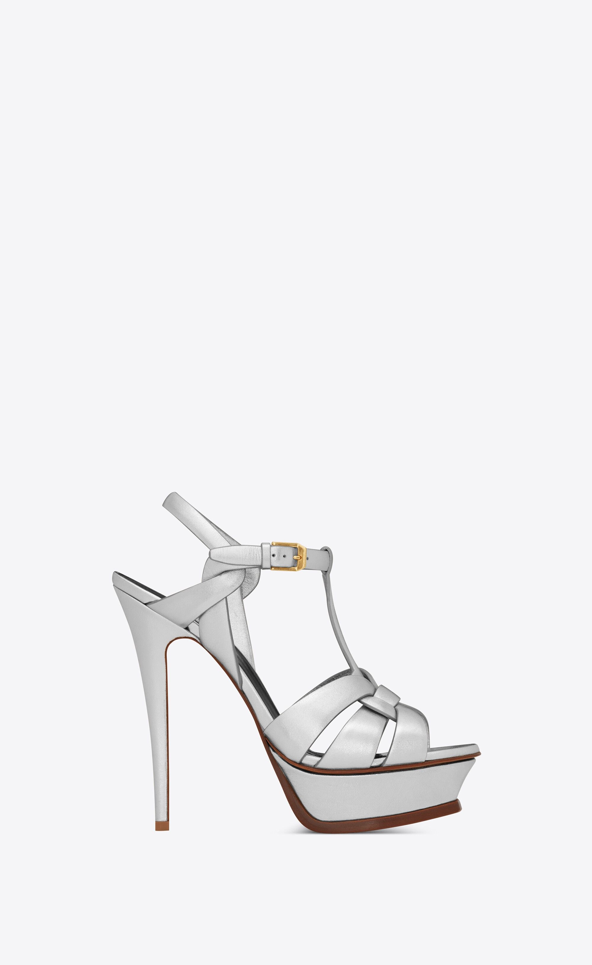Saint Laurent Paris oc11z1125 Tribute Sandals in Metallic Leather in Silver Size US 10.5 / IT 40.5 - 1 Thumbnail