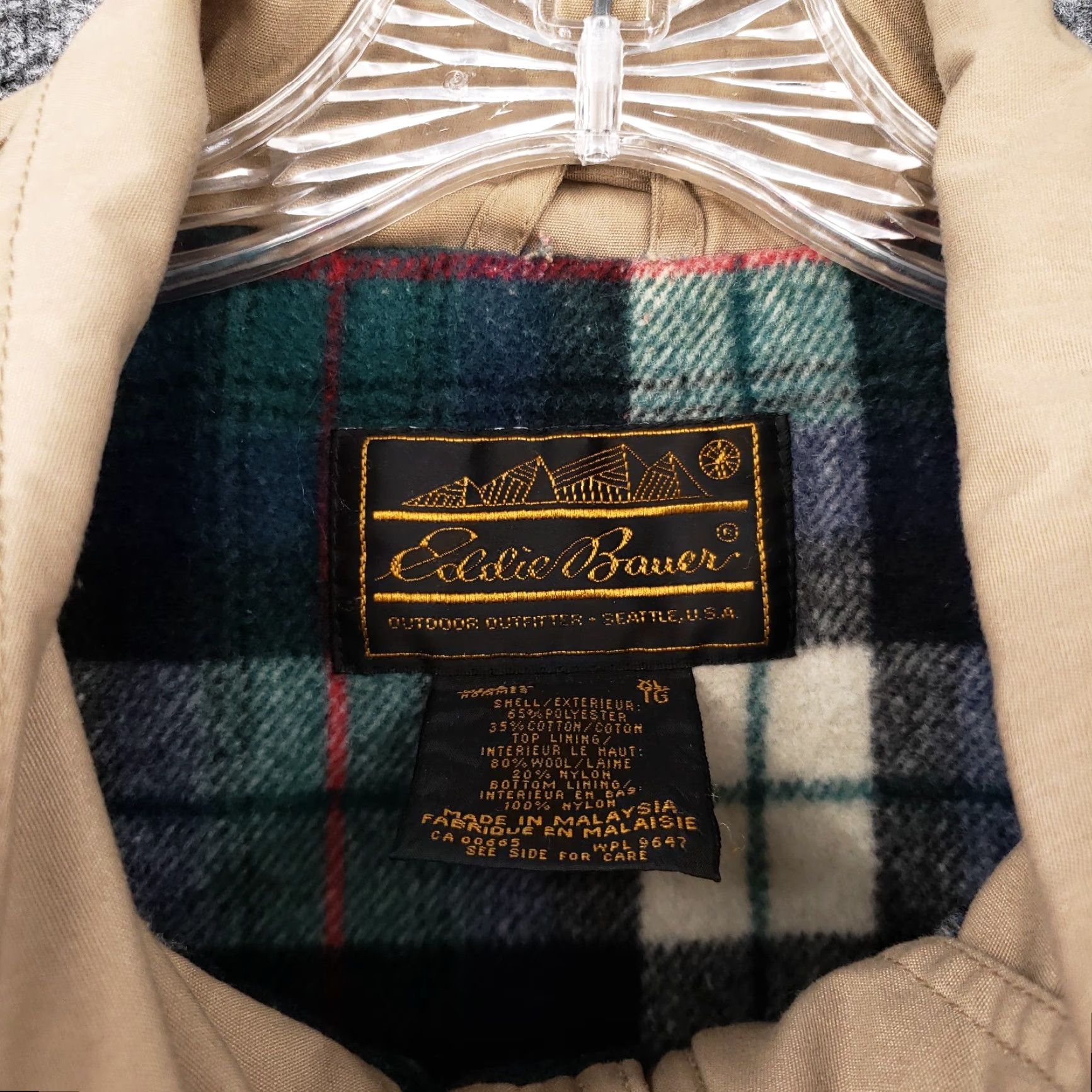 VINTAGE Eddie Bauer Jacket Men XL Brown Wool Plaid Lined Utility